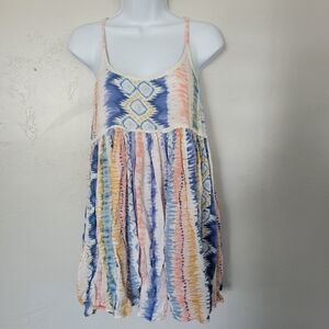 Raga Anthro Women's XS Pink Blue Tie Dye Striped Mini Dress Flamingo Beach Boho